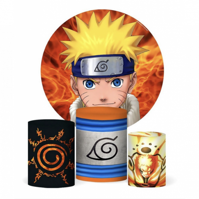 TEMA NARUTO - KIT CILINDROS EM MDF PARA FESTAS + PAINEL REDONDO+ CAPAS CILINDROS + CAPA PAINEL (NÃO INCLUI MONTAGEM)