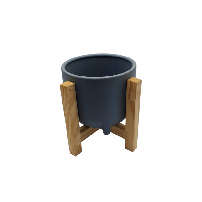 Suporte em madeira com vaso em ceramica cinza (dois tons)