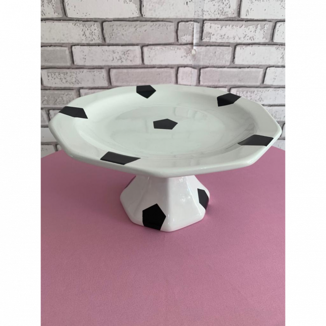 Boleira de ceramica preta e branca futebol (25cm diâmetro x 14cm altura)
