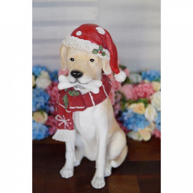 Labrador com cachecol em resina decorativo (animal, natal)
