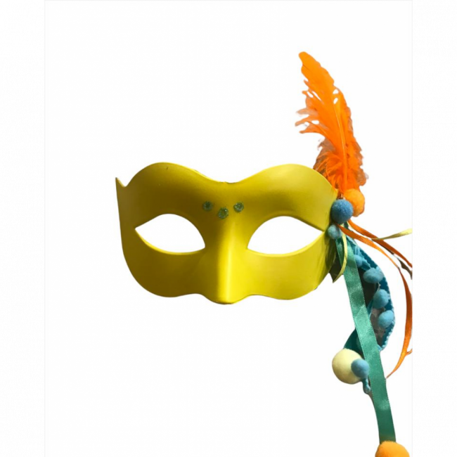 Carnaval - Máscara Amarela, pluma laranja, pompom laranja e azul e brilho azul central