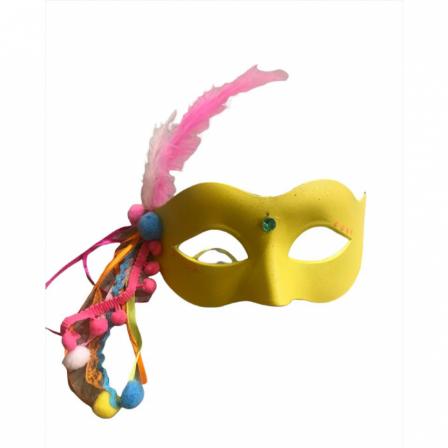 Carnaval - Máscara Amarela, pluma pink, pompom azul e pink e brilho central verde