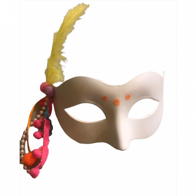 Carnaval - Máscara Branca, pluma amarela, pompom lilás e pink e brilho laranja central