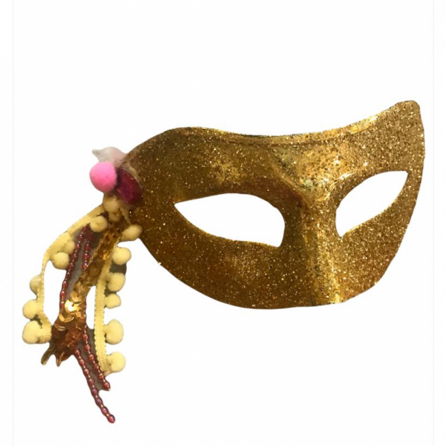 Carnaval máscara Glitter dourada, pluma branca