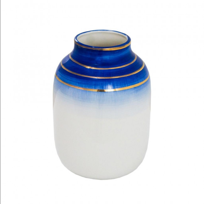 Vaso Ceramica Azul/Branco/Dour