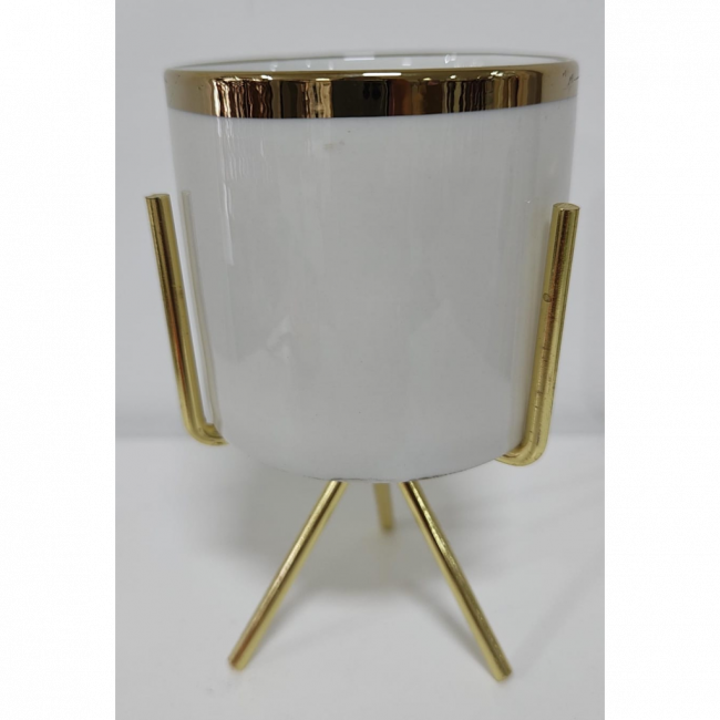 Vaso branco-dourado cerâmica com tripe metal