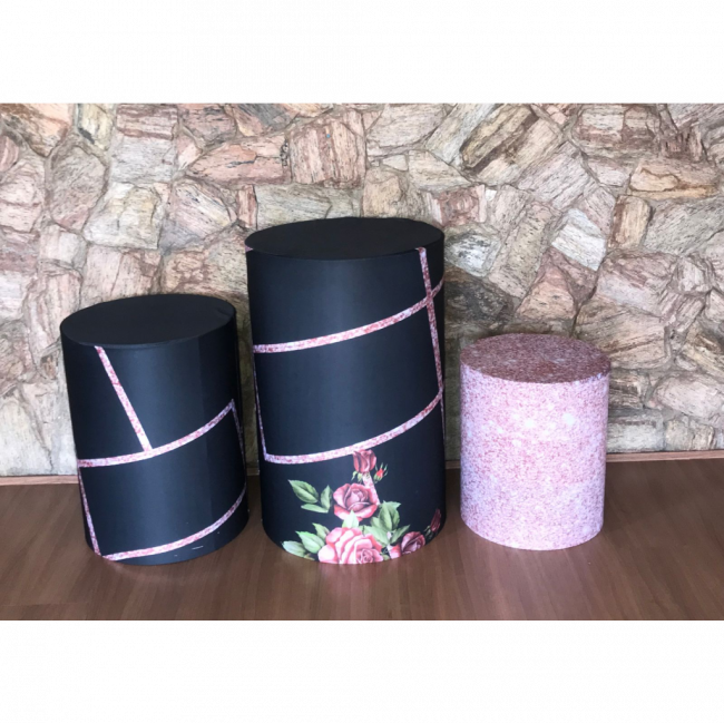 Trio de Cilindros ( Preto com Rosa gliter)