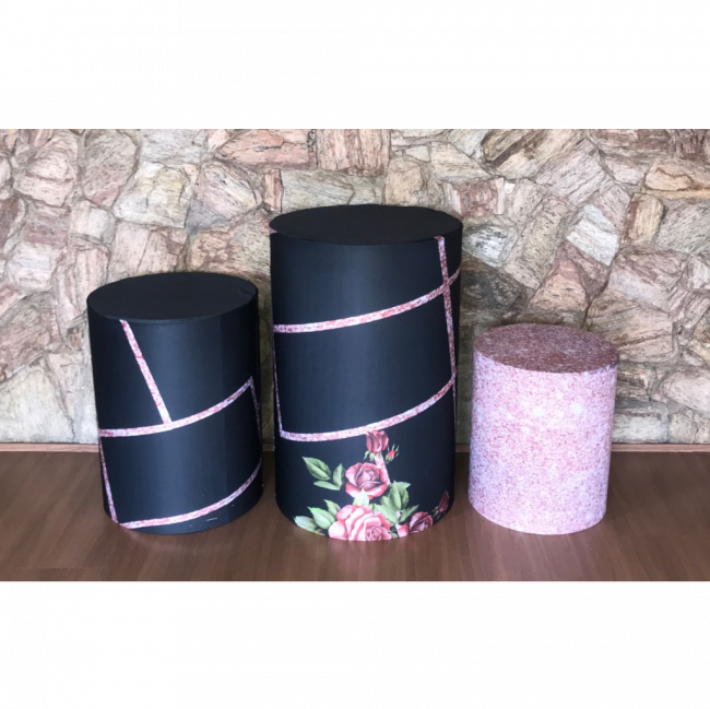 Trio de Cilindros ( Preto com Rosa gliter)