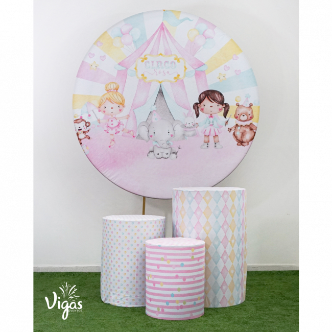 Kit trio de cilindro + painel Circo Rosa