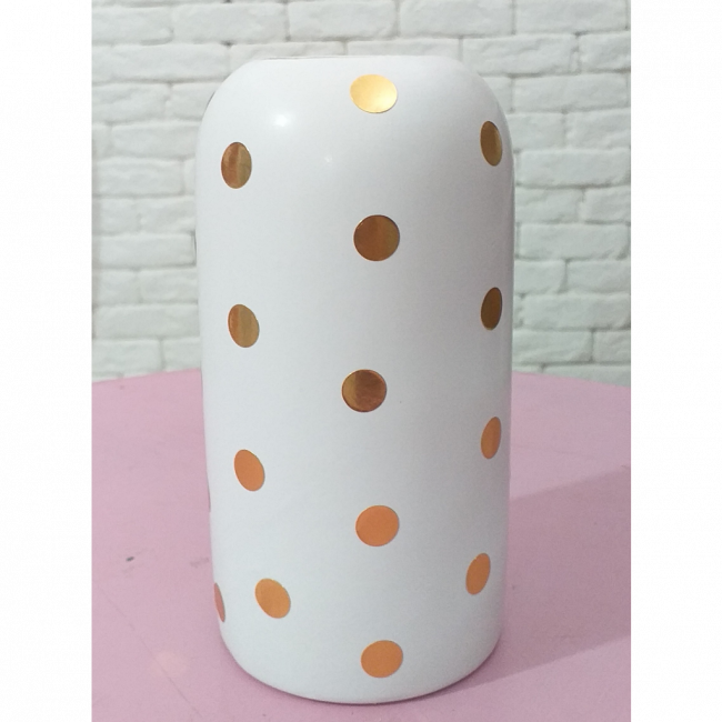 VASO CERÂMICA BRANCO COM BOLINHA DOURADA 18x9