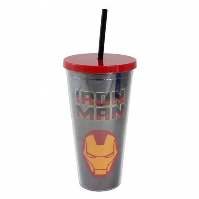 Copo Iron Man Efeito Metálico Com Canudo-650ml