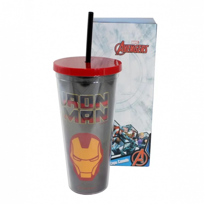 Copo Iron Man Efeito Metálico Com Canudo-650ml