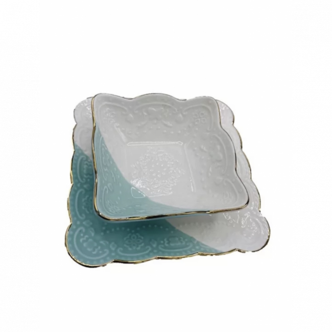 Conjunto em cerâmica Bandeja-Bowl, branca e verde com filete dourado Bowl: 14cm Bandeja: 19,5cm