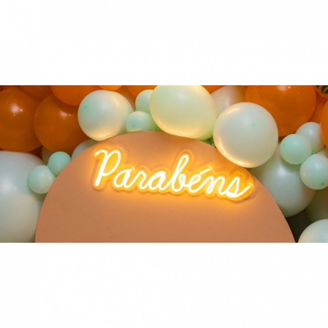 Luminoso neon led “Parabéns”, branco quente (50cm C)