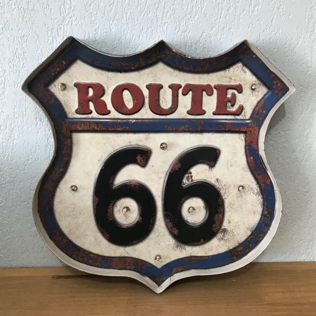 Route 66 - Placa Luminosa Decorativa Metal G1 - 41.5cm (A) x 40cm (L)  Branca/Vermelha e Azul