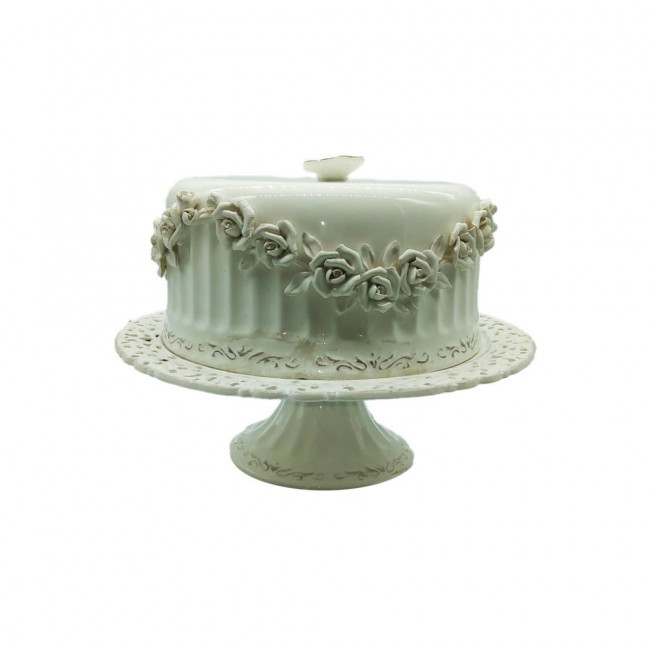 Prato bolo em louça branca com cúpula (Borboleta)