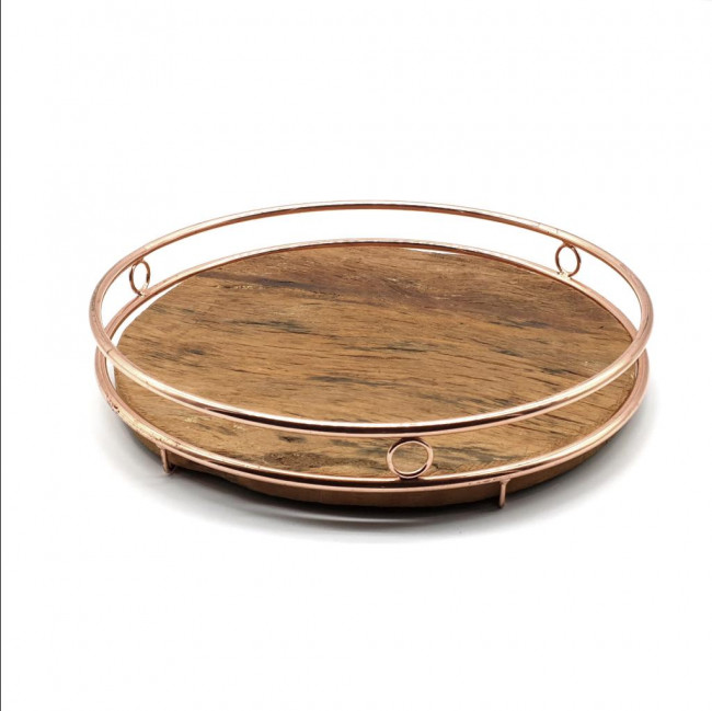 Bandeja em cobre e madeira redonda (Ø30cm)