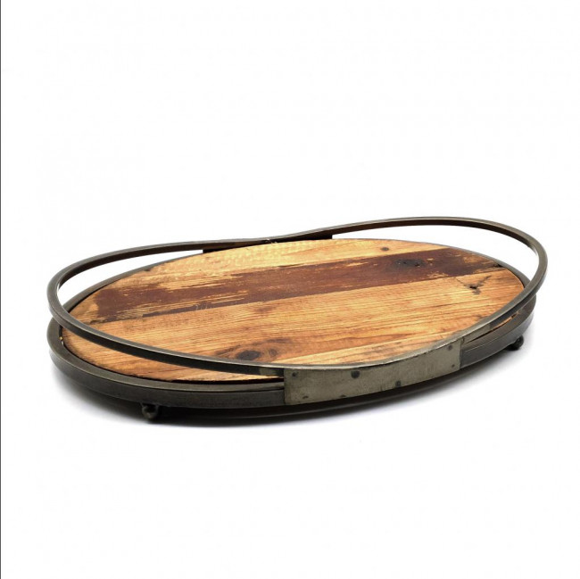 Bandeja em madeira com alça metal oval (44x30x7cm)