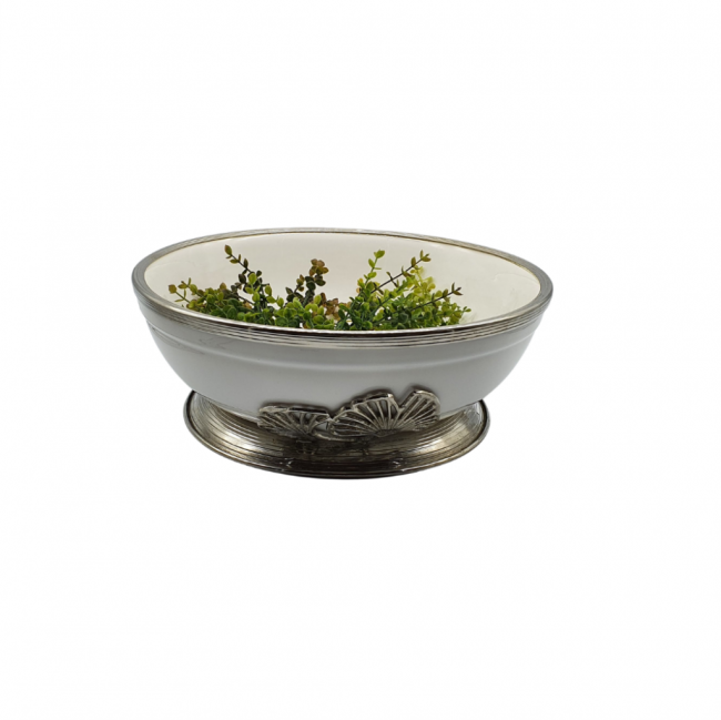 Saladeira em louça branca com detalhes prata (folhas - 33cm)