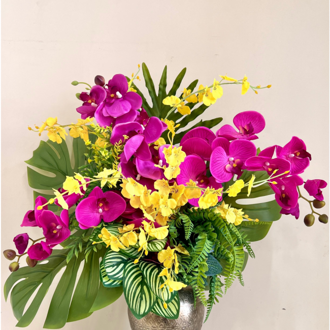 Arranjo tipo bouquet orquídeas pink e amarelo
